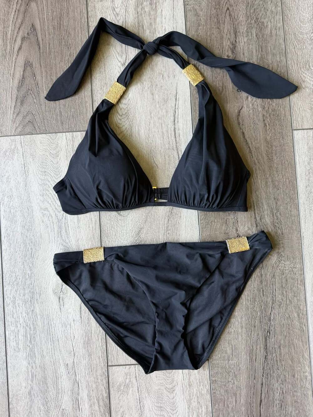 Victoria's Secret Y2K Black and Gold Halter Bikini Set